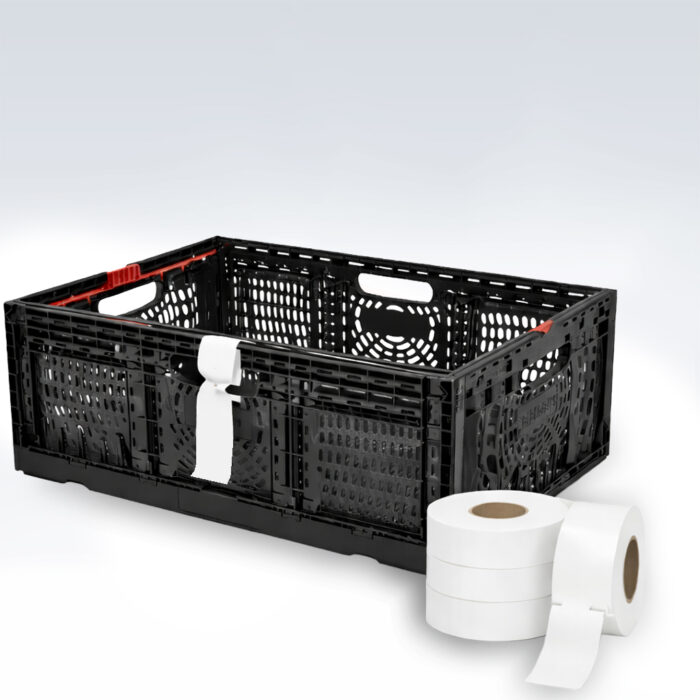 Weiße HDPE Schlaufenetiketten zur Kennzeichnung von IFCO-Mehrwegkisten, befestigt an einer schwarzen IFCO-Kiste mit Grifföffnung