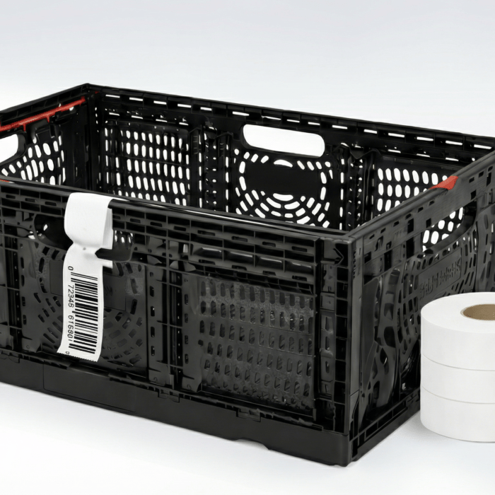 IFCO Mehrwegkiste mit weißen Schlaufenetiketten auf Rolle zur Produkt- und Logistikkennzeichnung